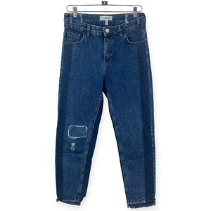 MANGO Denim & Tees Contrast MOM Jeans Womens Size 4 Blue Patch Ripped Raw Frayed